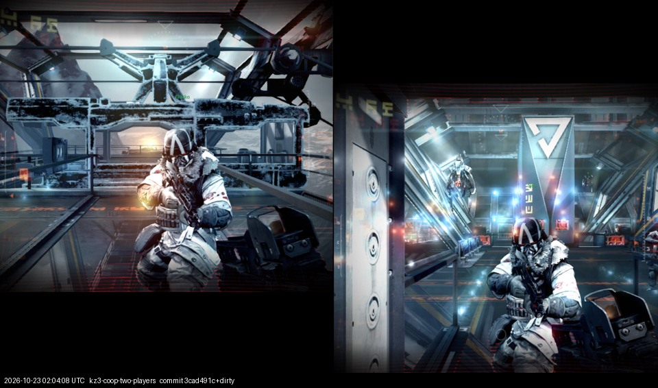 Two-player co-op on one PC, one pad each (the two views still sit slightly out of place)