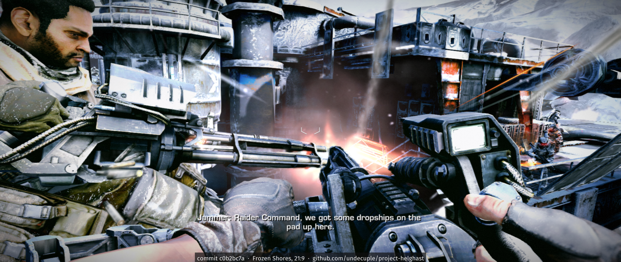 Frozen Shores at 21:9 (2560x1080): the 3D view fills the window, subtitles and crosshair stay centred