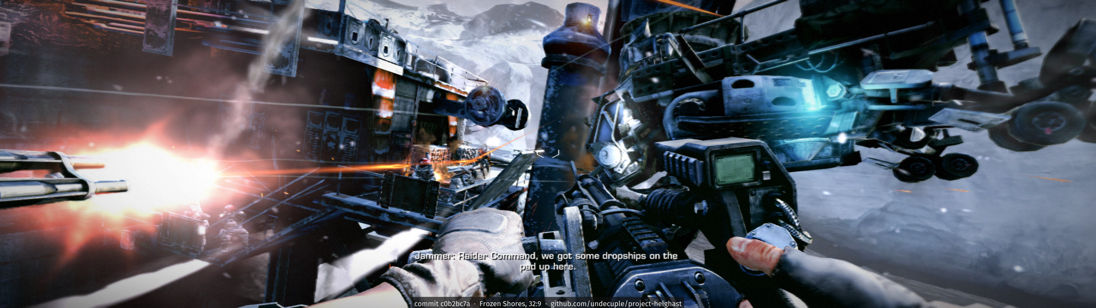 Frozen Shores at 32:9 (3840x1080): a mounted-gun fight, subtitles and crosshair centred