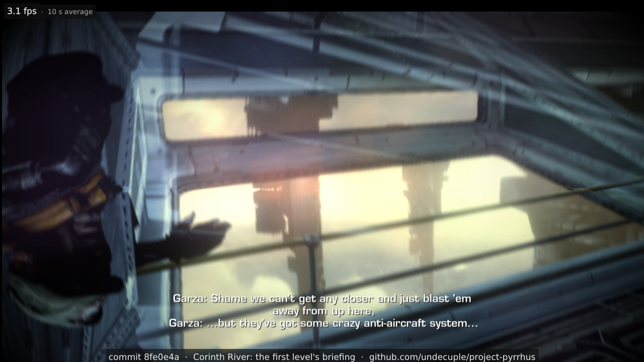 The first level's opening: the view through the window during the briefing, with subtitles