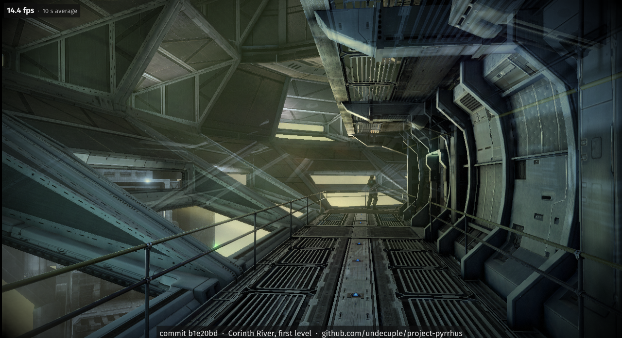 A lit walkway in the first level at the end of a long unattended run, characters lit again