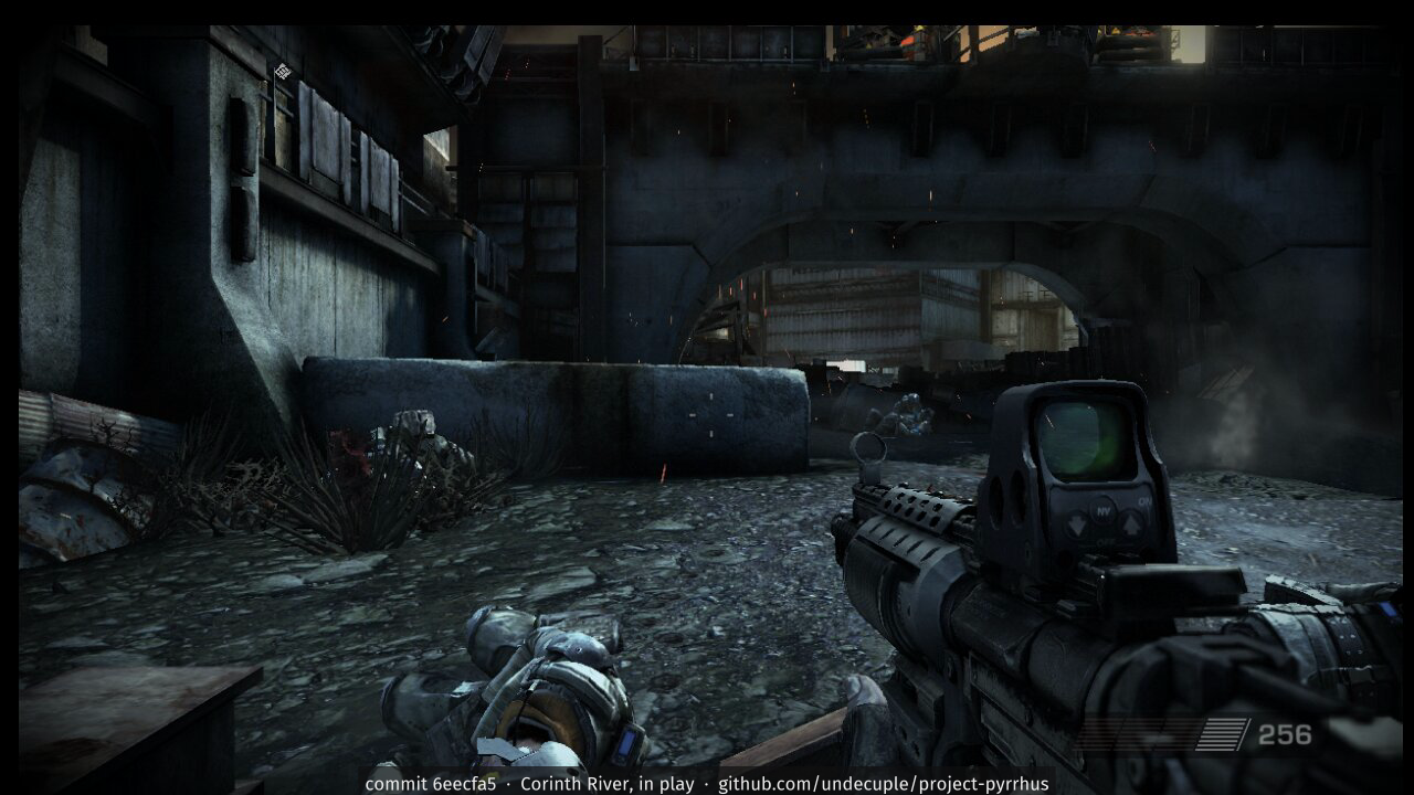 First person in the first level with the weapon, crosshair and ammo counter, played through a scripted pad run
